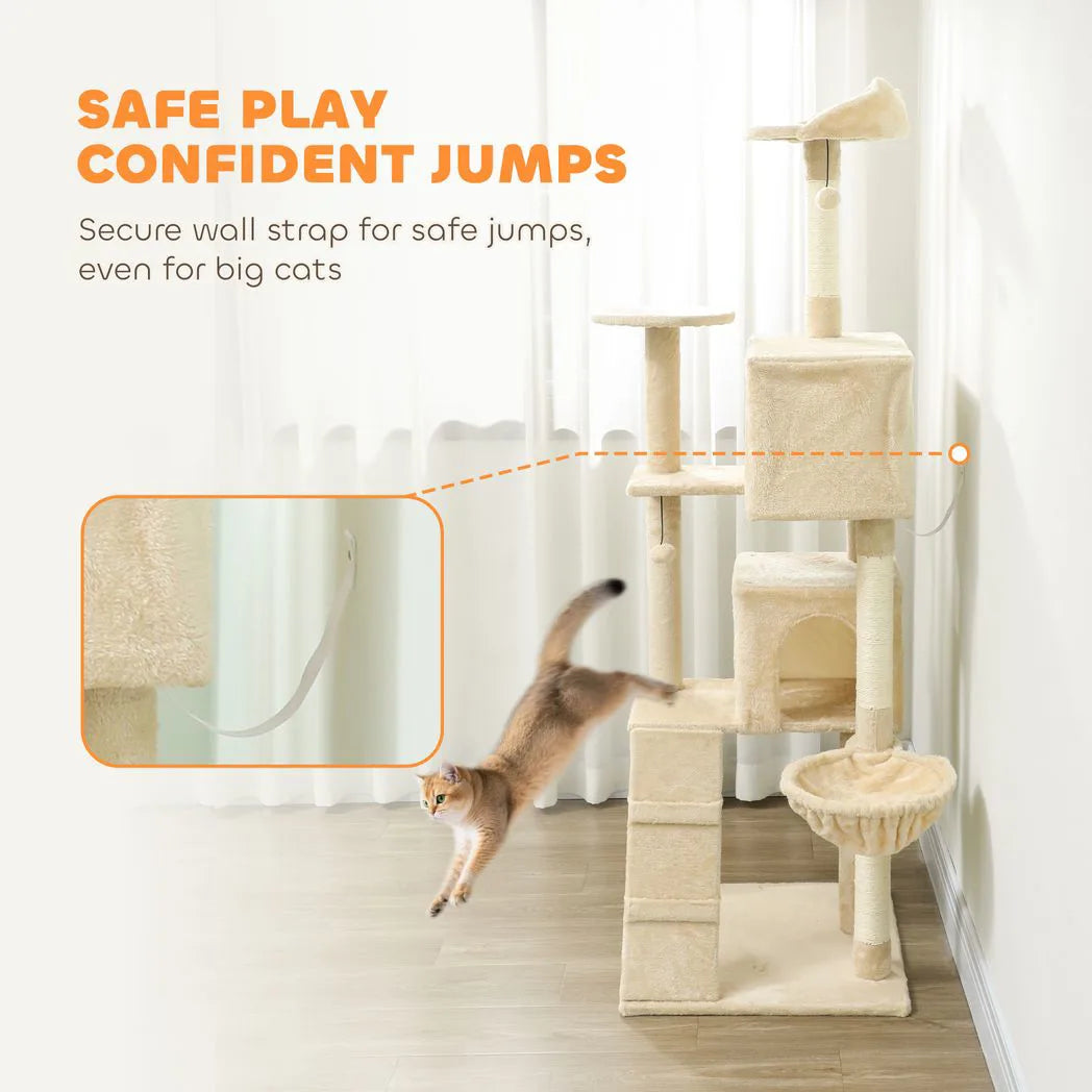 PawHut 180cm Large Cat Tree with Sisal Scratching Posts, Condos, Plush Perches, Hammock and Ladder, Beige