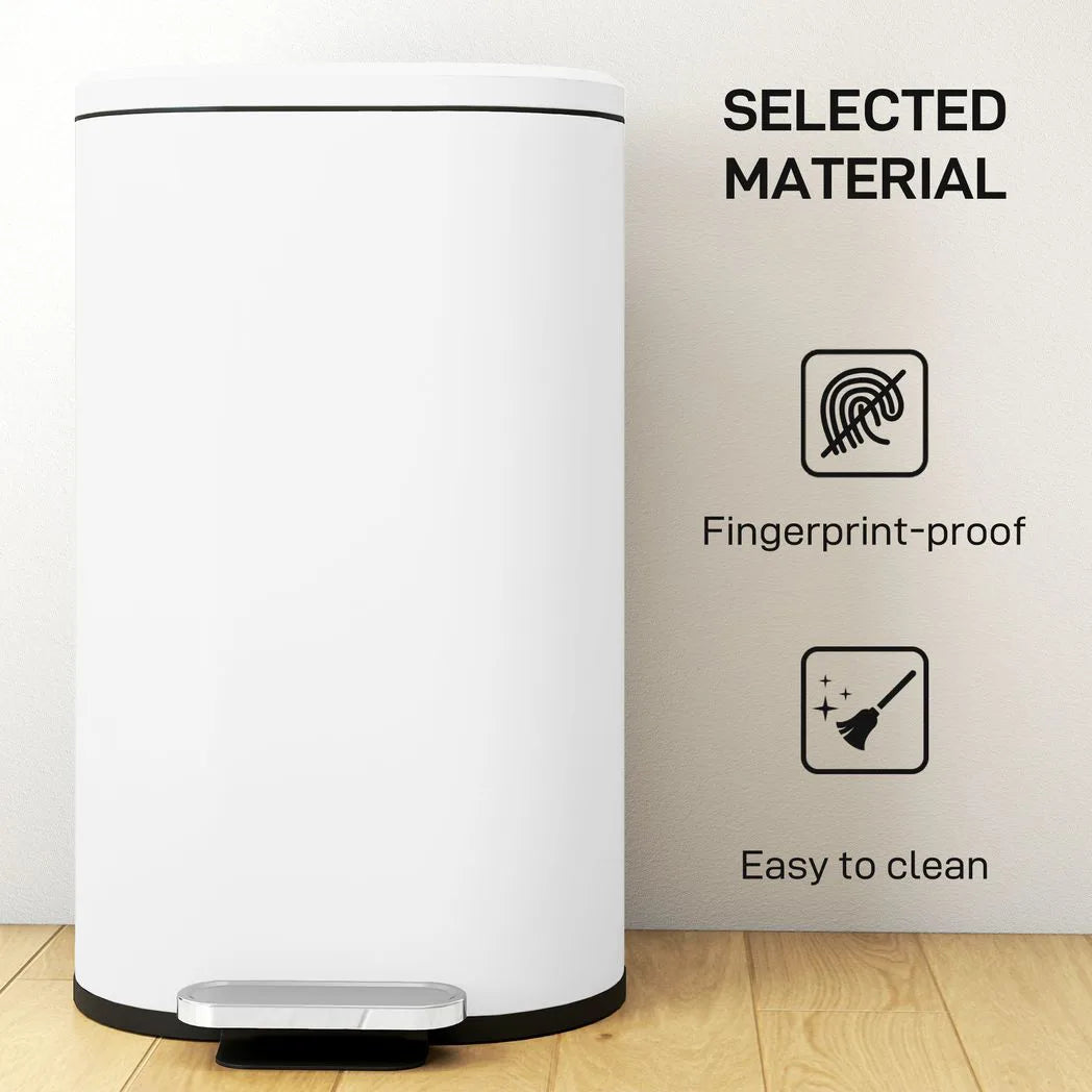 HOMCOM 30L Modern Curved Pedal Kitchen Bin with Soft-Close Lid and Removable Bucket, White