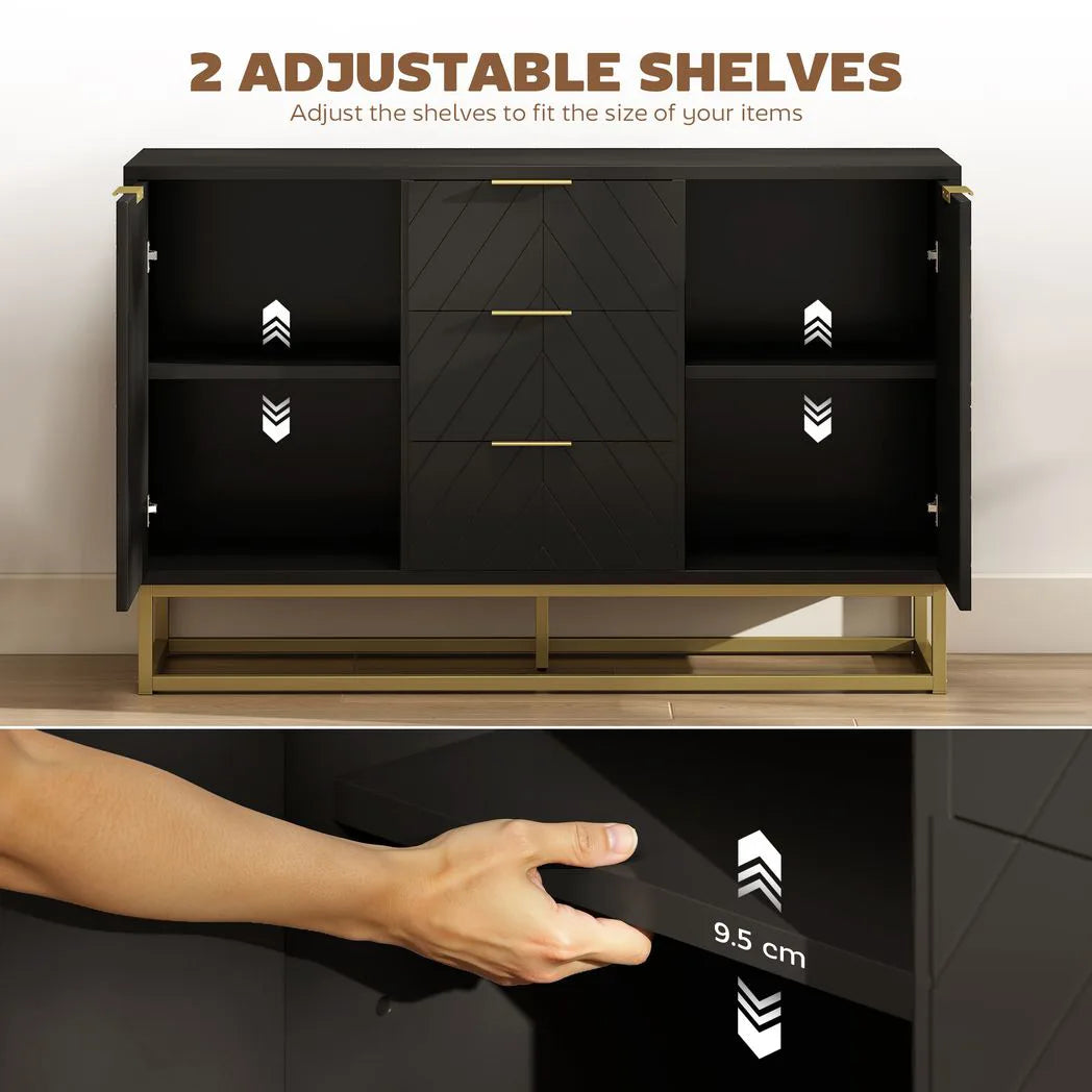 HOMCOM Sideboard with 3 Drawers, 2-Door Cabinet and Adjustable Shelves, Gold-Tone Base, Black