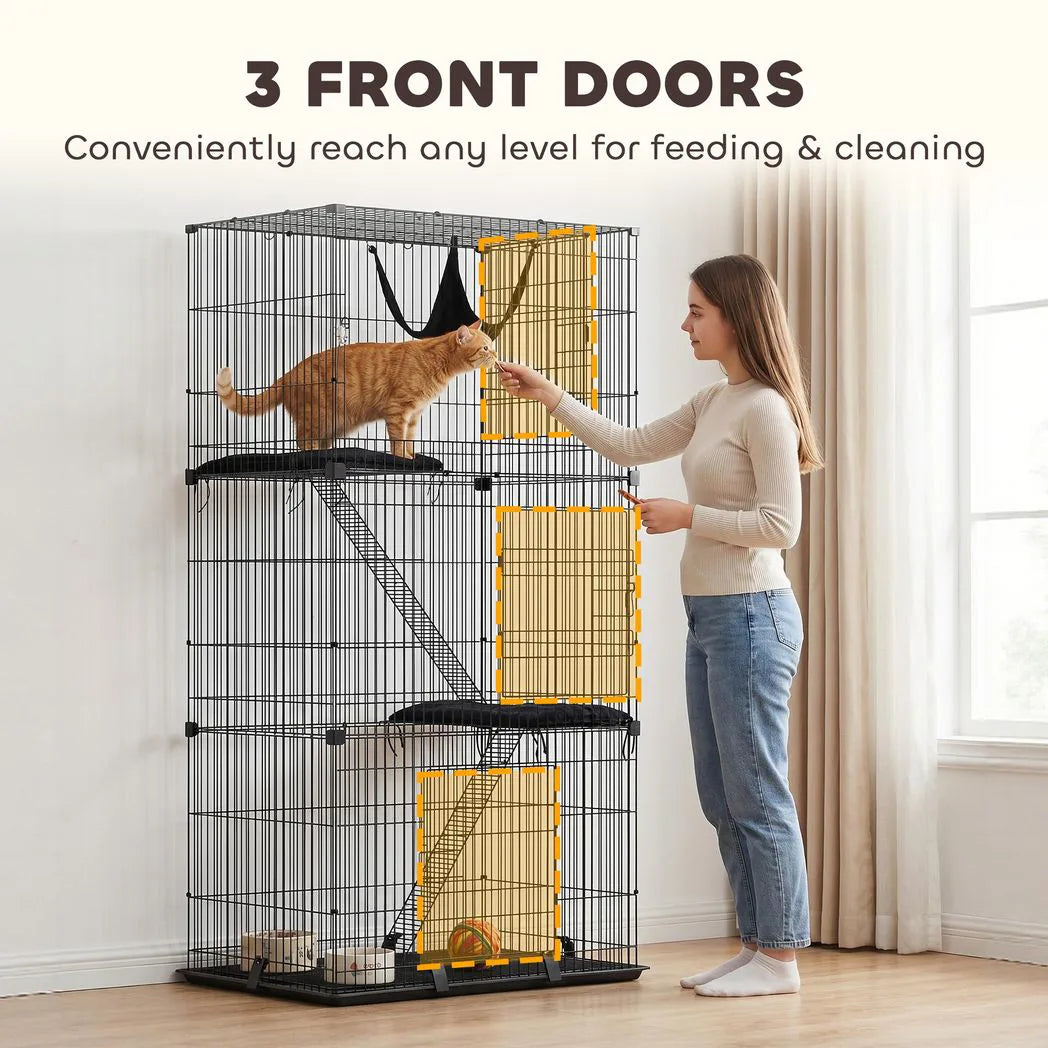 PawHut 3-Tier Large Cat Cage with Hammock, Platforms, Tray and Cushions – Detachable Metal Kennel for 1–2 Cats
