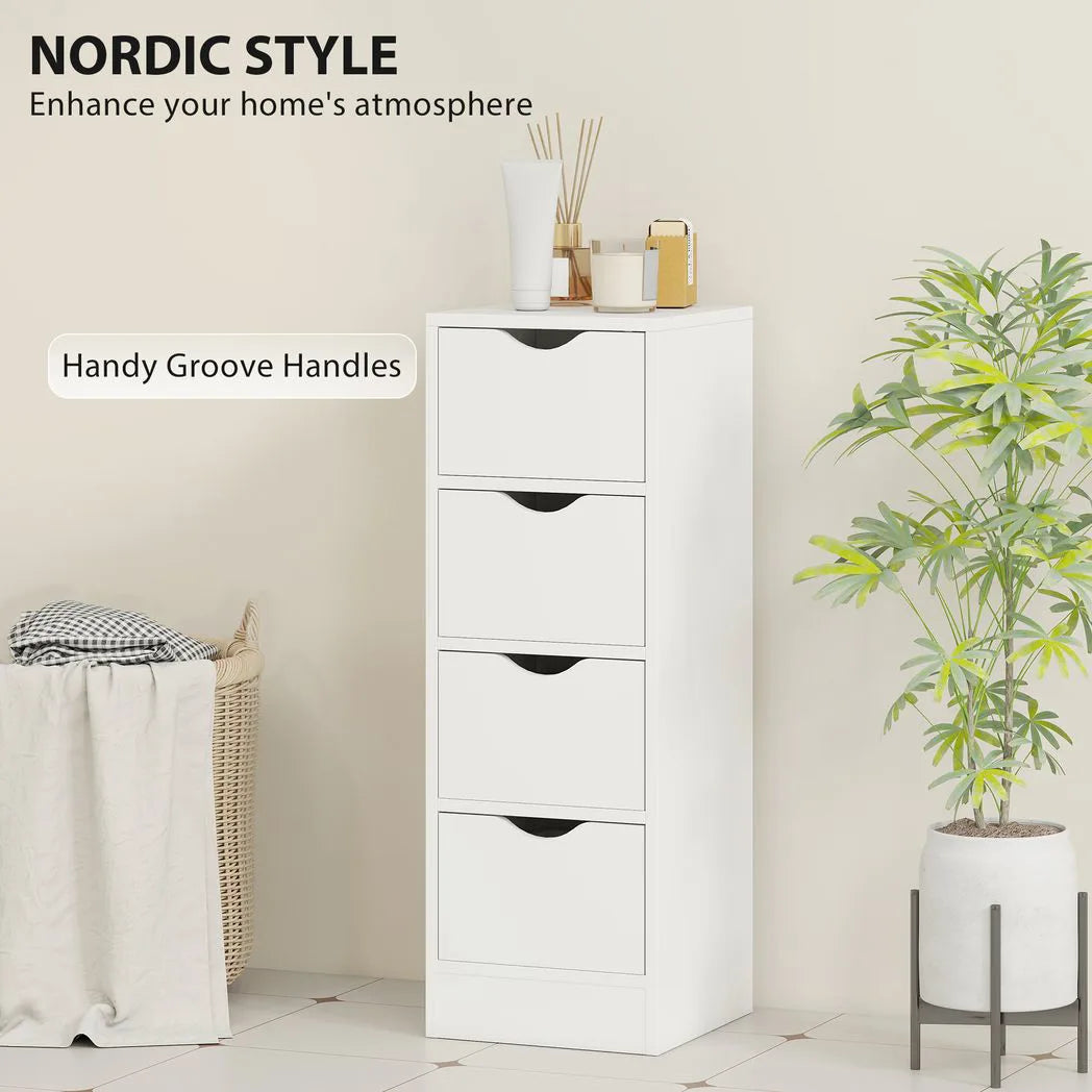 HOMCOM 4-Drawer Narrow Bathroom Cabinet, Freestanding Storage Unit with Groove Handles for Small Spaces, White
