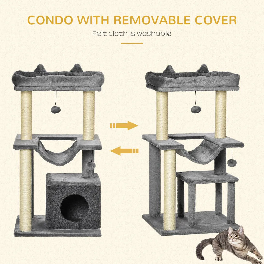 PawHut 90cm Cat Tree with Sisal Posts, Condo, Hammock & 2 Hanging Toys – Indoor Cat Tower, Grey