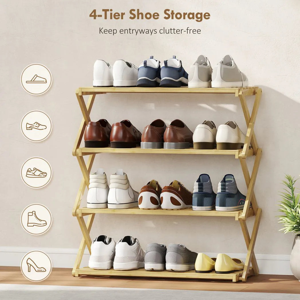 HOMCOM 4-Tier Folding Bamboo Shoe Rack, 12 Pairs, 67 x 60 x 29 cm – Natural