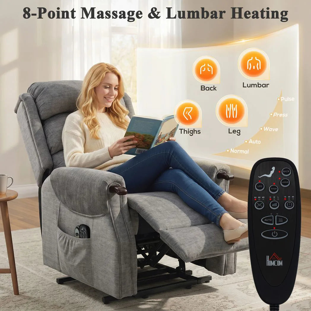 HOMCOM Power Lift Recliner Chair with Vibration Massage, Heat and Pocket Spring Seat – Wood Grips, Light Grey