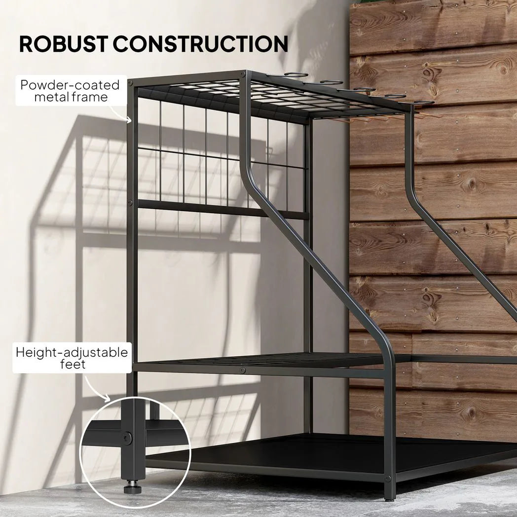 Outsunny 3-Tier Garden Tool Storage Rack with 11 Hooks – Holds 20 Long-Handled Tools, Brooms, Shovels & Rakes