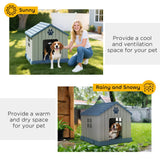 PawHut Waterproof Plastic Dog Kennel for Medium Dogs, Raised Base – Outdoor Garden House, 85 cm, Grey