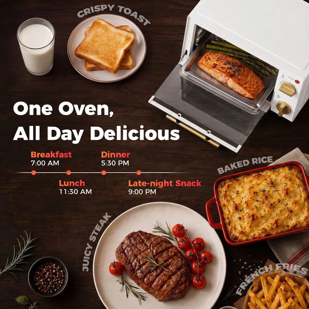 HOMCOM 9L Mini Oven with Adjustable Temperature & 60 Minute Timer – Countertop Toaster Oven Grill, White