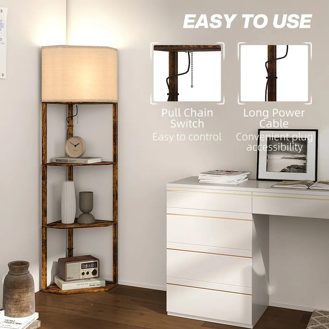 HOMCOM Corner Floor Lamp with 3 Storage Shelves & Pull Chain Switch – Tall Standing Lamp, Rustic Brown