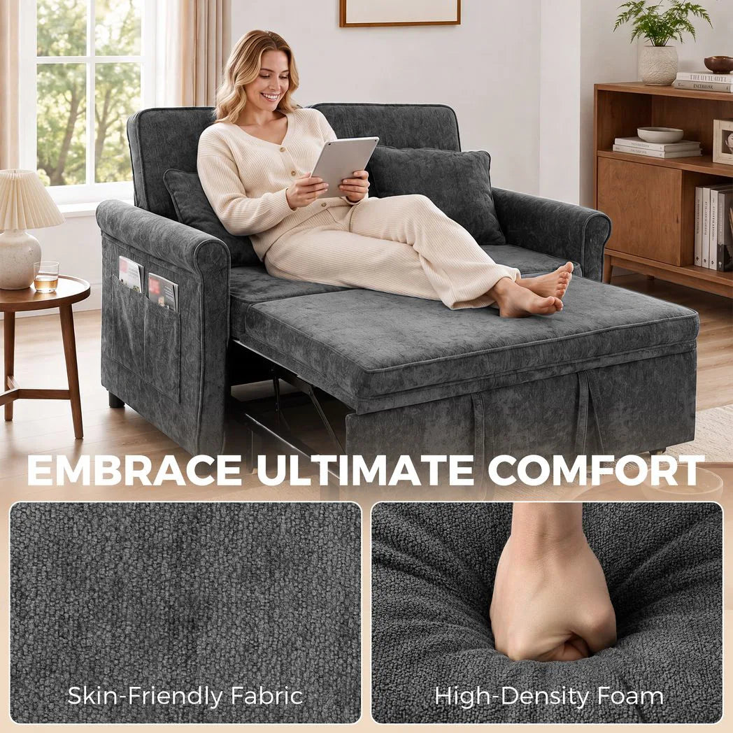 HOMCOM 2 Seater Sofa Bed, 3-in-1 Convertible Chenille Sleeper Sofa with 5-Position Backrest – Grey