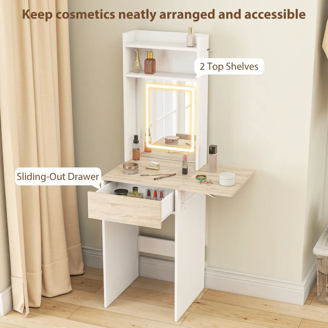 HOMCOM Small Vanity Desk with LED Mirror, Drop Leaf, Open Shelves and Drawer – Compact Dressing Table, White