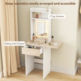 HOMCOM Small Vanity Desk with LED Mirror, Drop Leaf, Open Shelves and Drawer – Compact Dressing Table, White