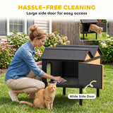 PawHut Wooden Outdoor Cat House with Asphalt Roof, Side Cleaning Door and PVC Curtain – Insulated Cat Shelter