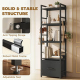 HOMCOM 4-Tier Narrow Bookshelf with Drawer, 8 Hooks and Metal Frame – Slim Bookcase, Black