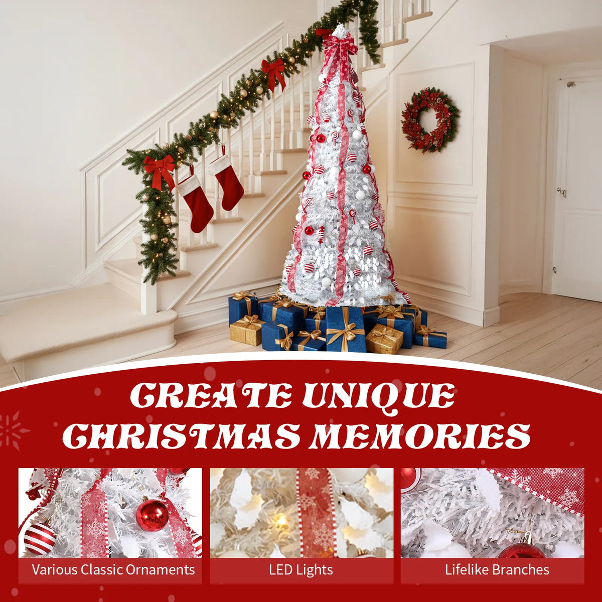 6ft White Pop-Up Pre-Lit Christmas Tree, Fully Decorated with 100 Warm White LEDs & Red Ornaments