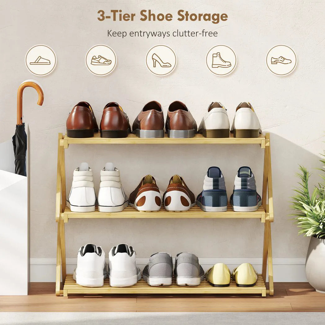 HOMCOM 3-Tier Folding Bamboo Shoe Rack – Holds 9 Pairs, No Assembly, Natural