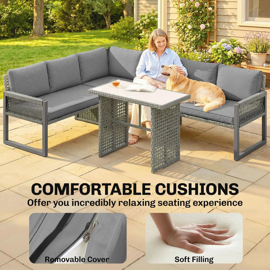Outsunny 6 Seater Rattan Garden Furniture Set with 3 Loveseats and Glass Table – Modular Corner Sofa, Grey