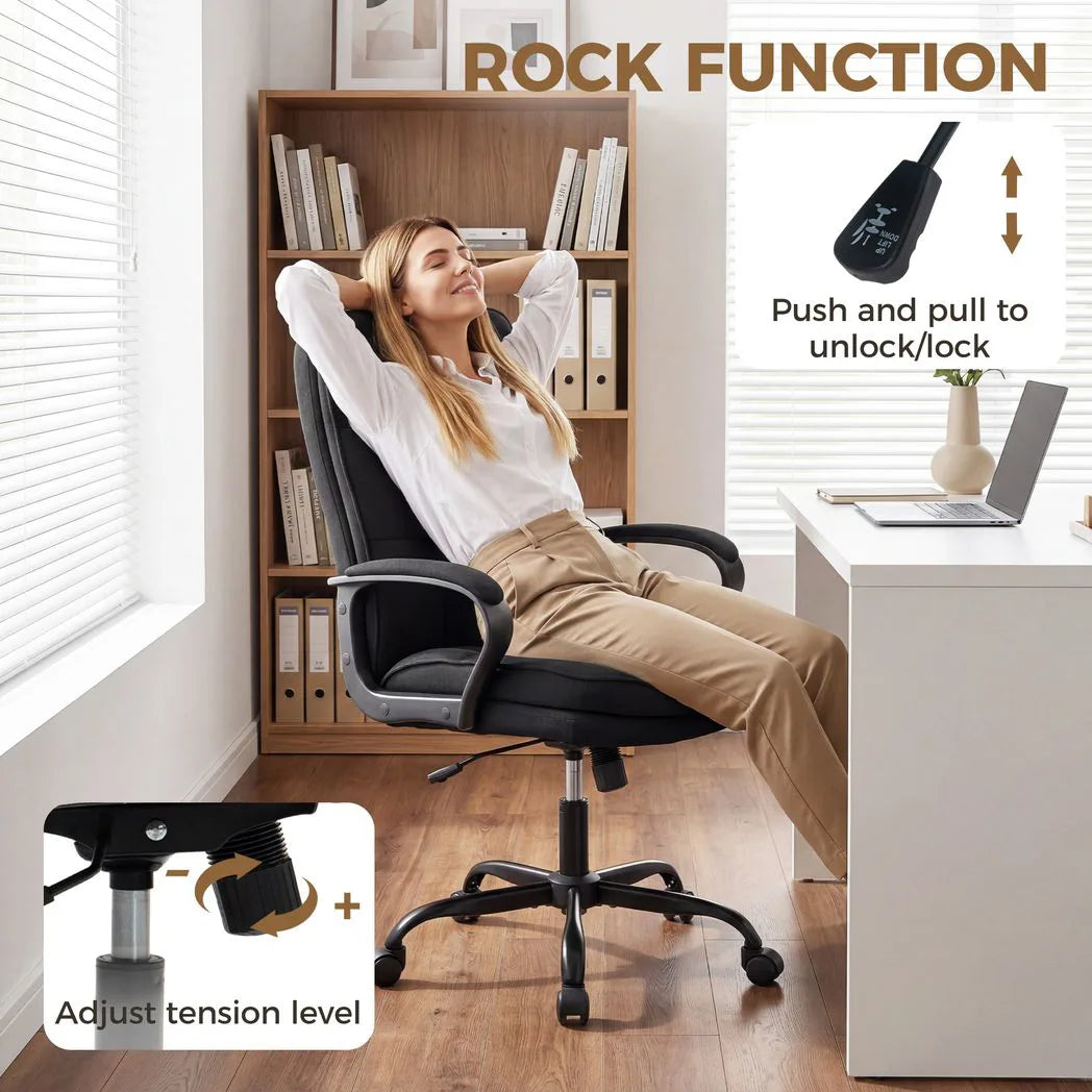 HOMCOM Double Padded Office Chair, Linen-Look Fabric, 60cm High Back, Height Adjustable and Rocking – Black