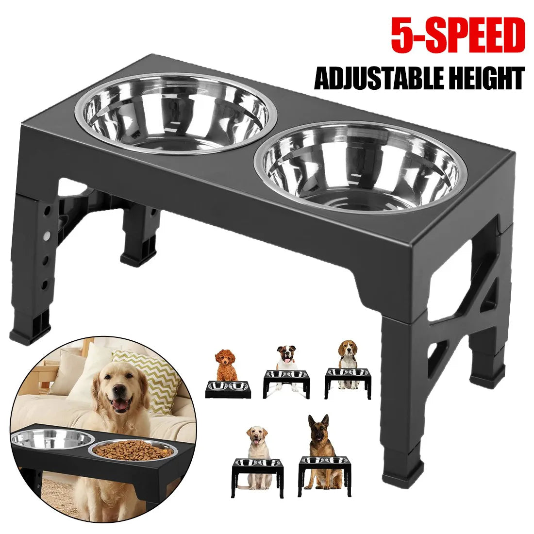 Large Dog Raised Double Bowl Feeding Station with Stainless Steel Bowls – 5 Height Settings, Foldable Legs, Black