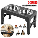 Large Dog Raised Double Bowl Feeding Station with Stainless Steel Bowls – 5 Height Settings, Foldable Legs, Black
