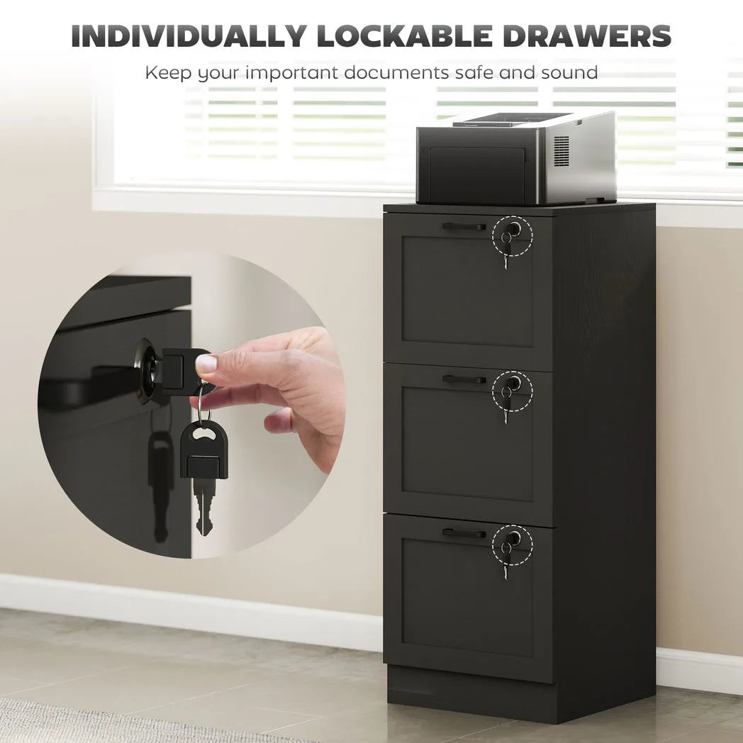 HOMCOM 3-Drawer Filing Cabinet with Lock & Adjustable Hanging Rails – Home Office Storage, Black