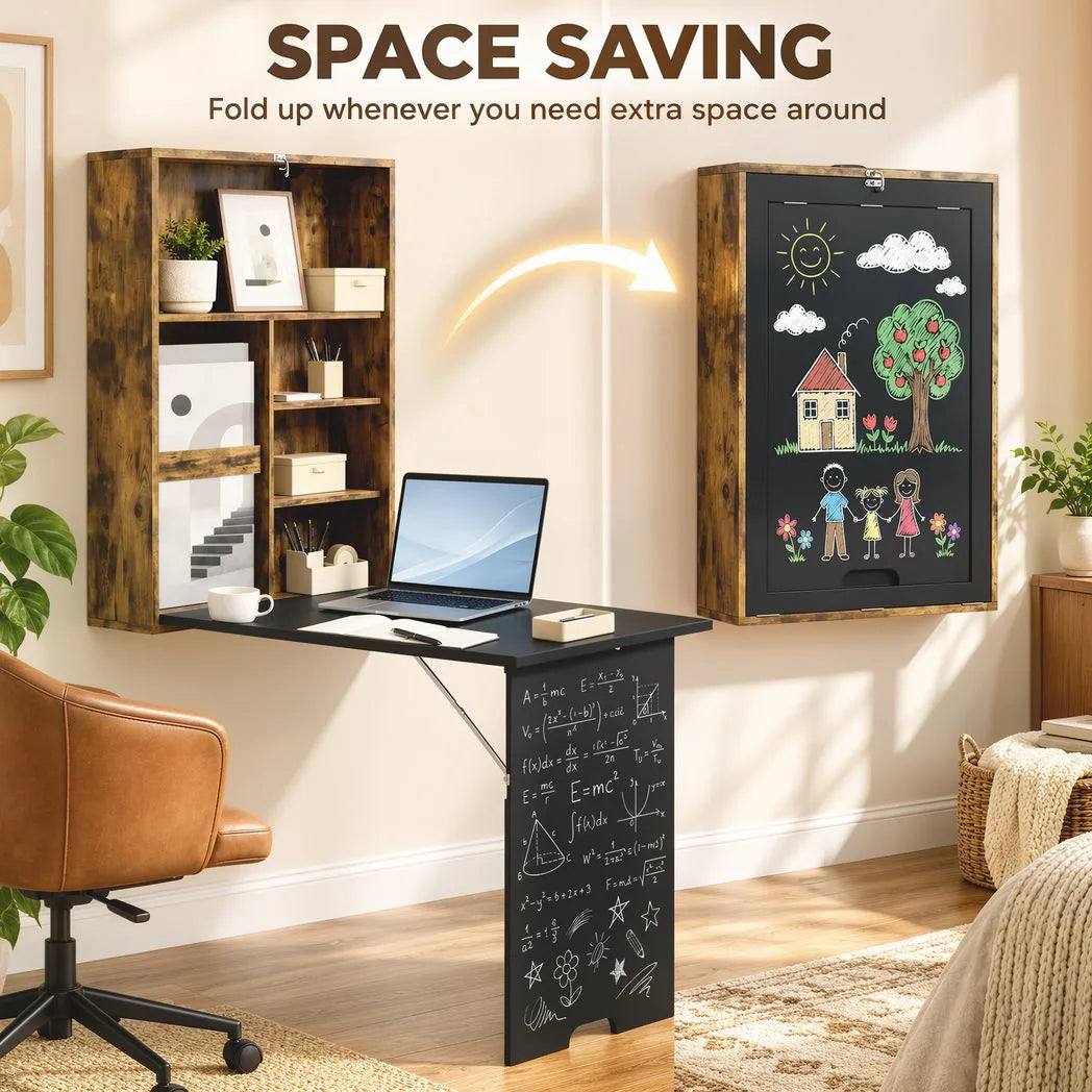 HOMCOM Folding Wall-Mounted Drop-Leaf Table with Chalkboard and Storage Shelf – Space-Saving Desk, Brown