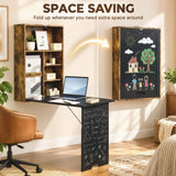HOMCOM Folding Wall-Mounted Drop-Leaf Table with Chalkboard and Storage Shelf – Space-Saving Desk, Brown