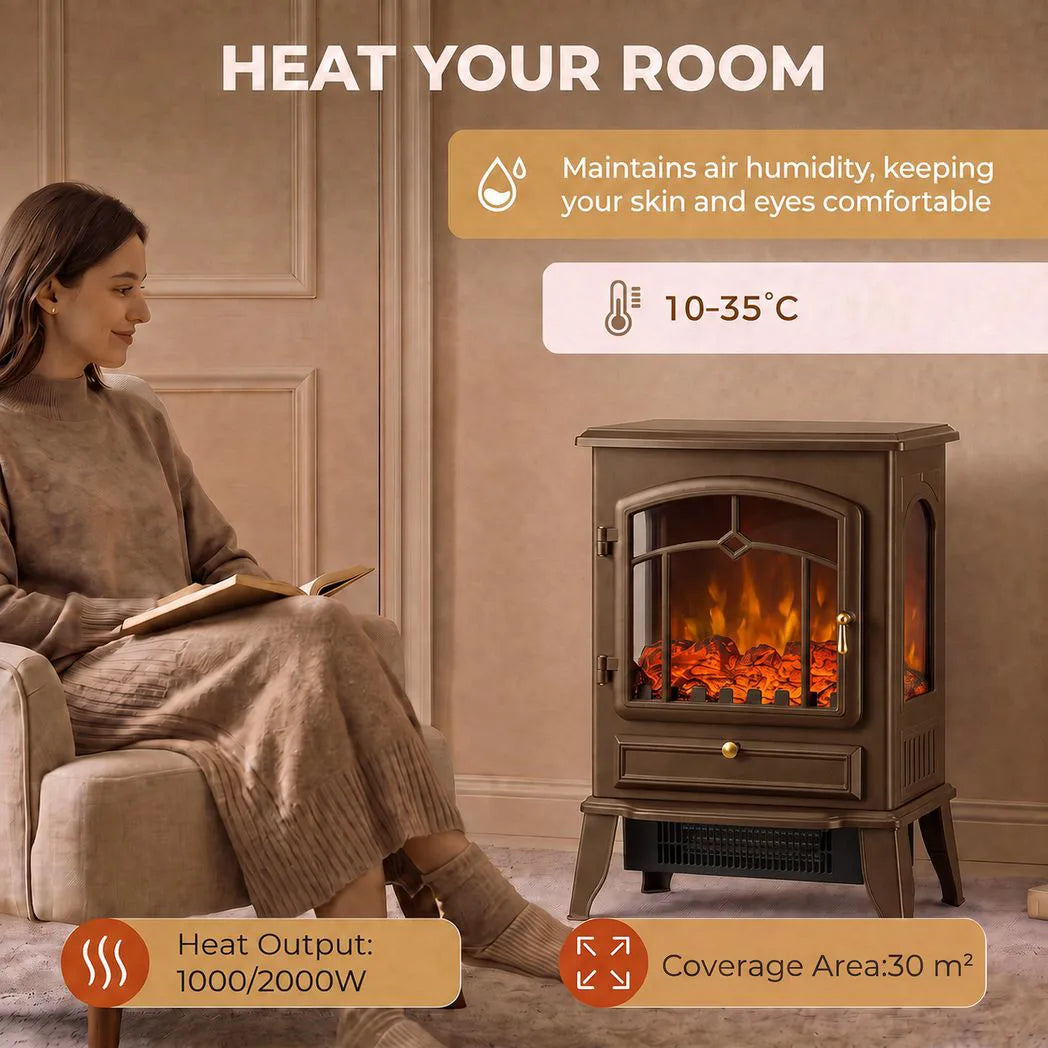 HOMCOM 3-Sided Electric Fireplace Stove, 1000W/2000W Freestanding Heater with 3D Flame Log – Brown