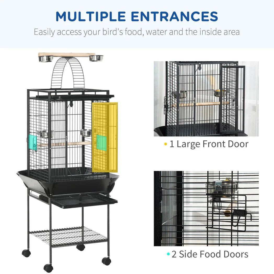 PawHut 156cm Parrot Cage with Open Play Top, Perches, Seed Guard & Wheels – Large Bird Cage, Dark Grey