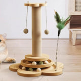 Cat Scratching Post Toy with Ball Track & Spinning Disc – Solid Wood and Sisal Activity Centre