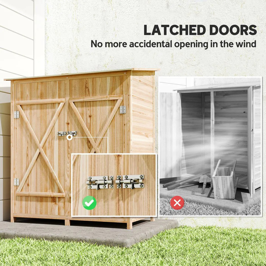 Outsunny Fir Wood Garden Shed with Asphalt Roof, Lockable Door and Removable Table – 140 x 75cm, Natural