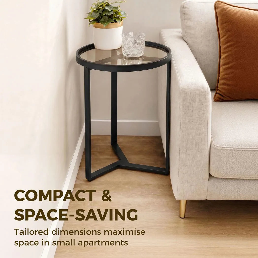 HOMCOM Round Side Table with Tempered Glass Top and Geometric Metal Frame – Compact End Table, Black