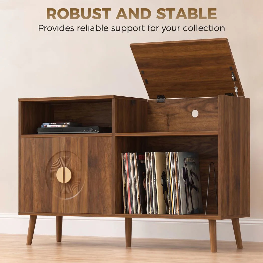 HOMCOM Record Player Stand with Vinyl Storage for up to 300 Albums – Flip-Top Compartment and Cabinet, Walnut