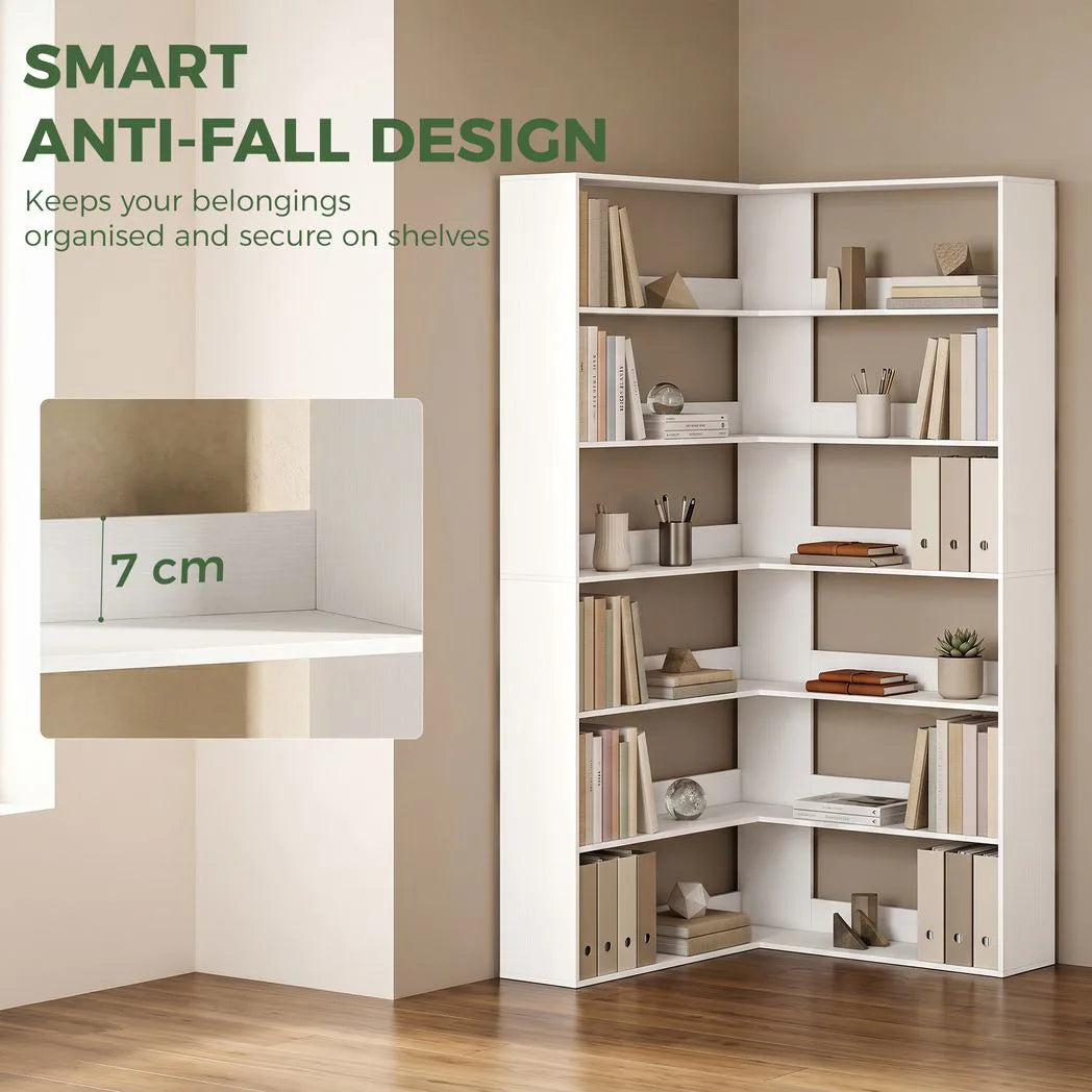 HOMCOM 7-Tier L-Shaped Corner Bookcase with Rear Guards and Anti-Tip Hardware – Bookshelf, White Wood Effect