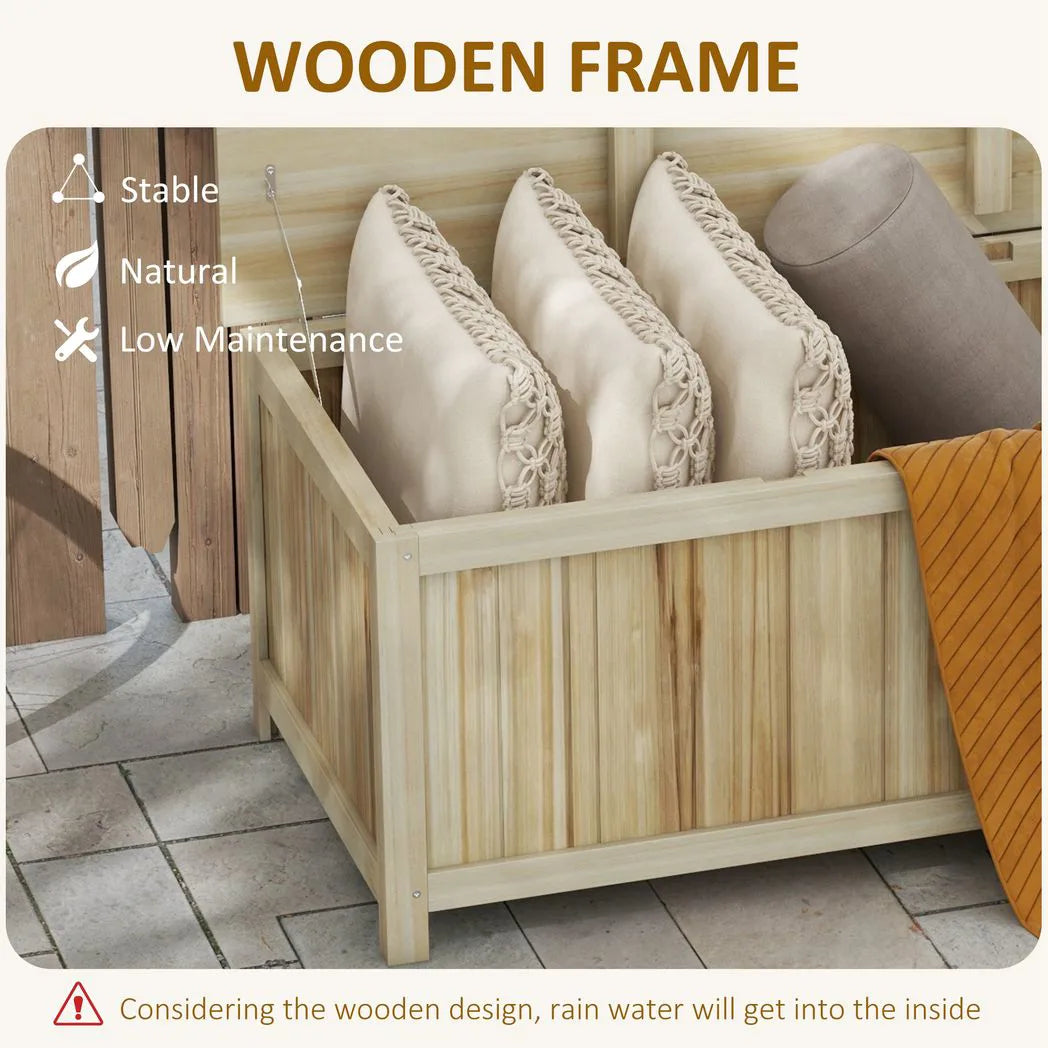 Outsunny 172L Wooden Outdoor Storage Box with Hinged Lid – Fir Wood Terrace Box for Garden, Natural