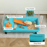 PawHut Small Animal Cage on Wheels with Water Bottle and Ramp – Rabbit and Guinea Pig Hutch, 89cm