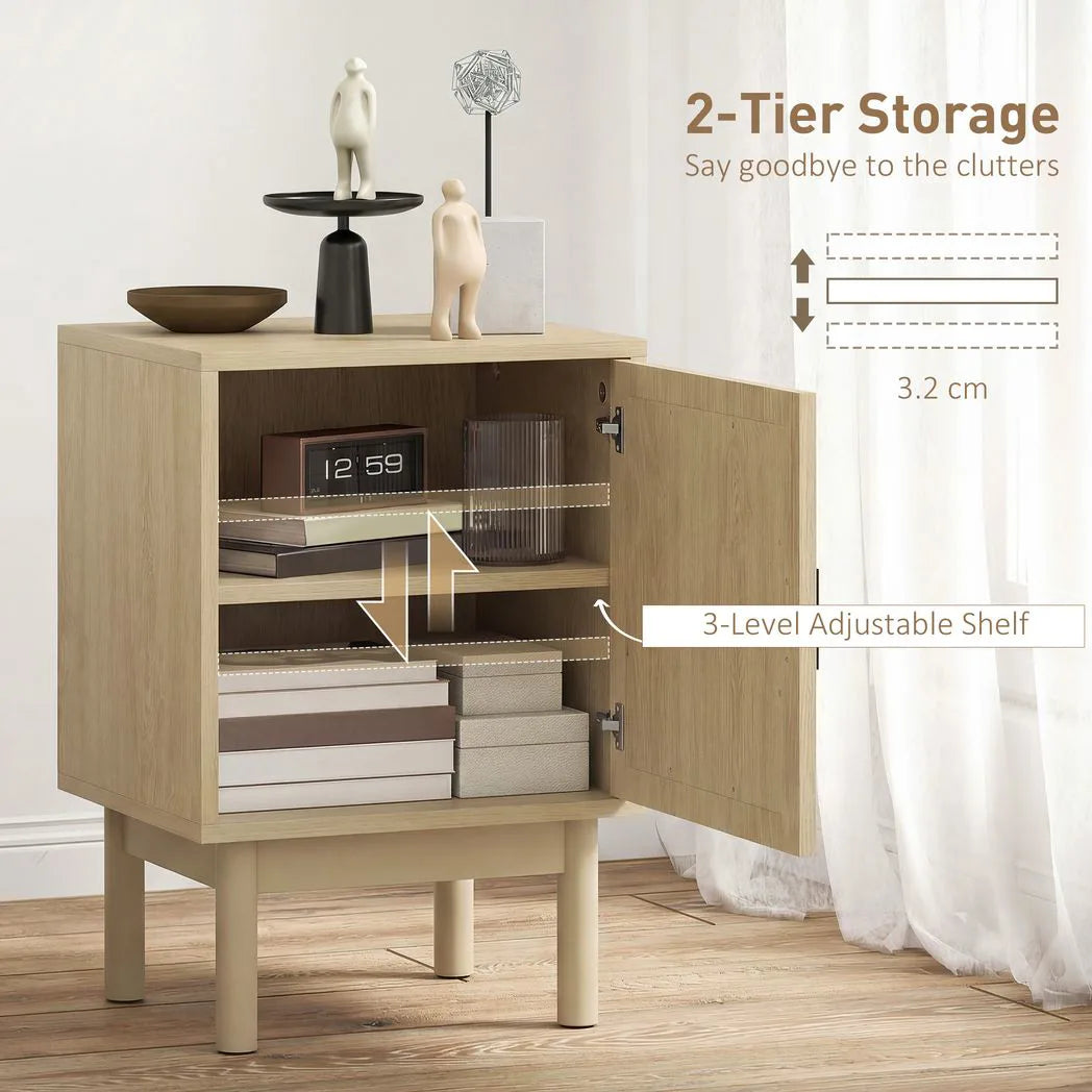 HOMCOM Rattan Bedside Table with Arched Doors and Adjustable Shelf – Boho Bedroom Nightstand, Natural Wood