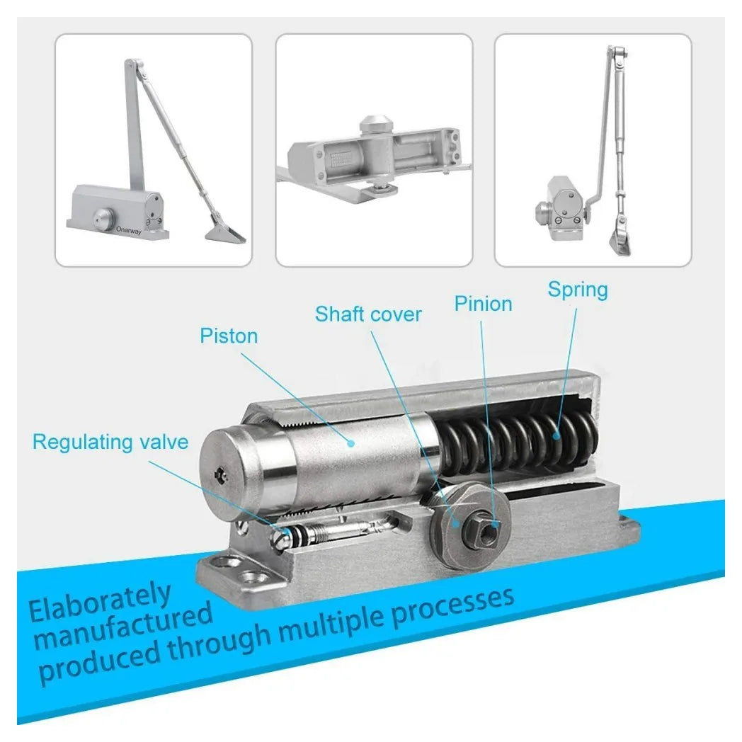 Heavy Duty Hydraulic Overhead Door Closer for 45–65 kg Doors, Adjustable Soft Close, Silver