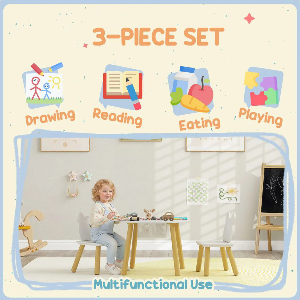 AIYAPLAY 3-Piece Kids Activity Table and Chairs Set with Storage Mesh Bag, Bear Backrests – White