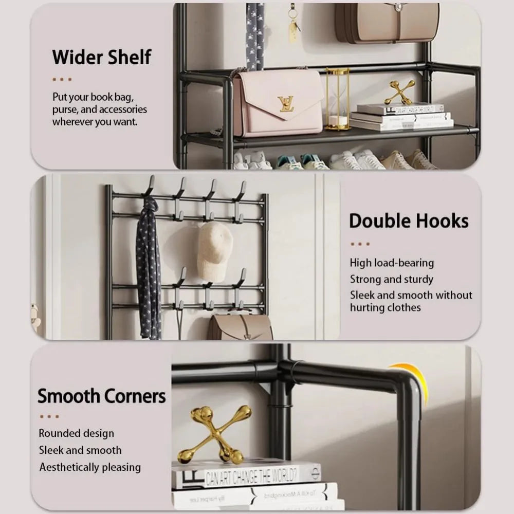 3-in-1 Metal Coat Stand with 8 Detachable Hooks & Shoe Shelves, 60 x 26 x 170cm, Black