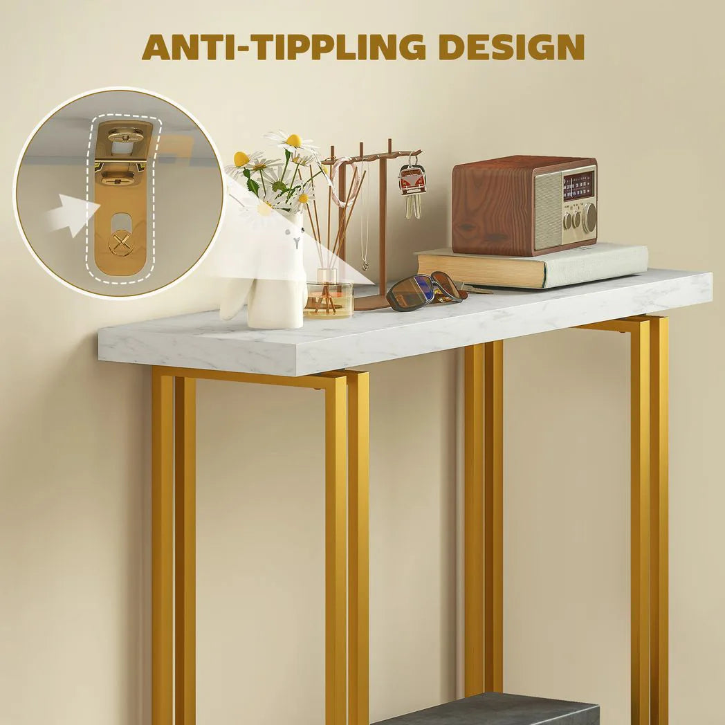 HOMCOM 100 cm Console Table with Faux Marble Top and Gold Tone Frame – Narrow Entryway Table, White