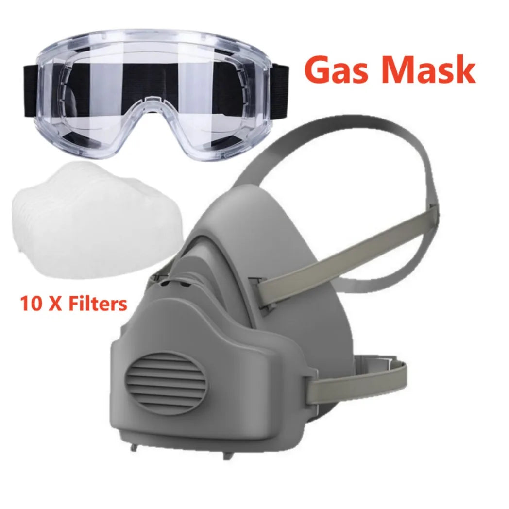 Reusable Half Face Respirator Mask with Safety Goggles and 10 Dust Filter Pads – Model 3200, Grey