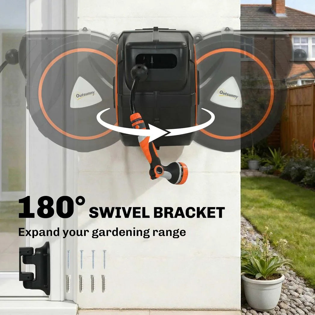 Outsunny 28m Retractable Wall-Mounted Hose Reel – Auto Lock, Slow Return, 12-Pattern Nozzles