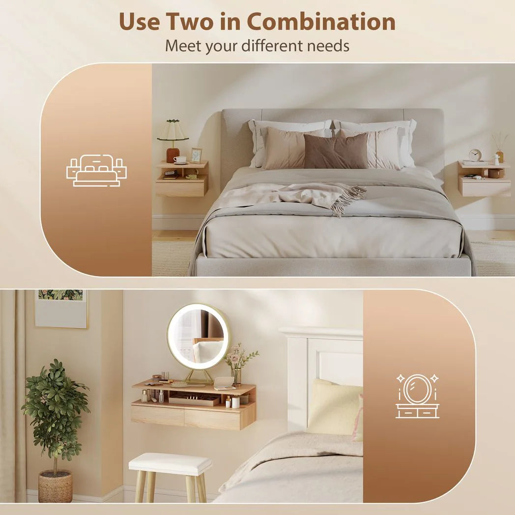 HOMCOM Set of Two Floating Bedside Tables with Handle-Free Drawer & Open Shelf – Wall-Mounted Nightstands, Oak