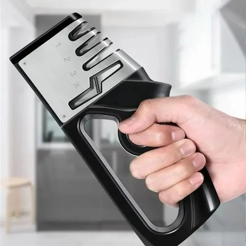 4-in-1 Knife Sharpener with Diamond, Ceramic & Tungsten Slots – Kitchen Knife and Scissor Sharpener, Black