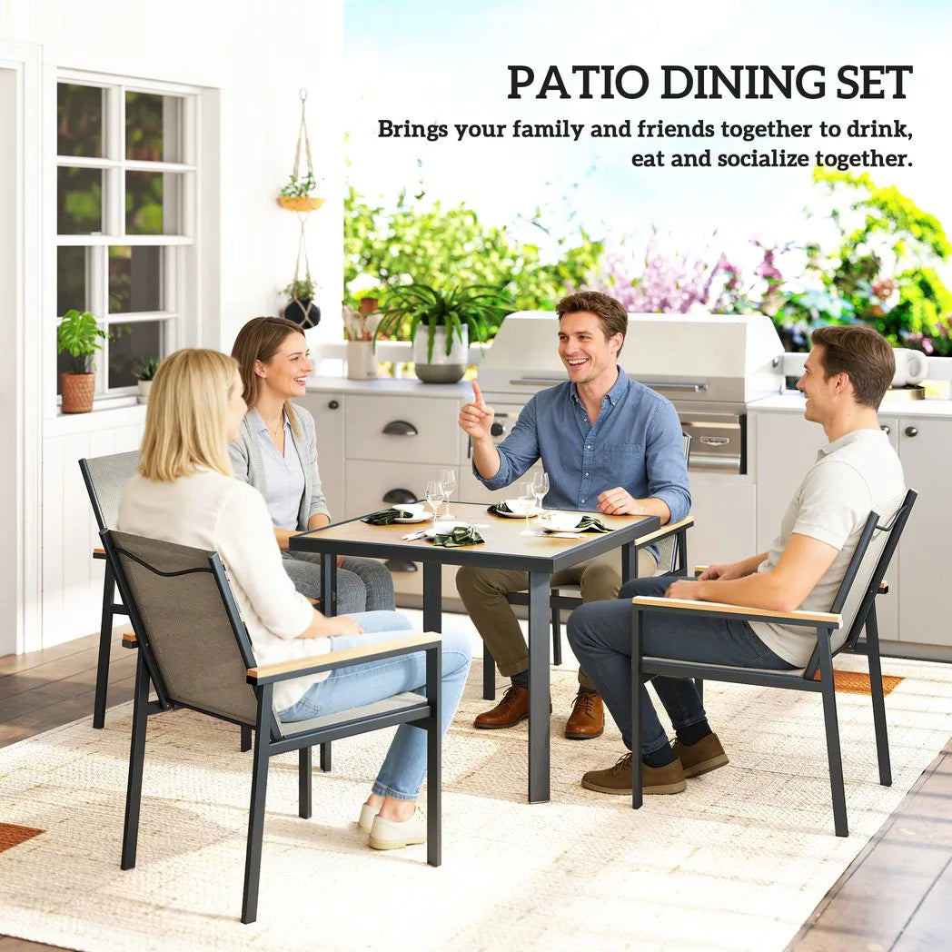 Outsunny 5 Piece Garden Dining Set with Tempered Glass Table and 4 Armchairs, Khaki