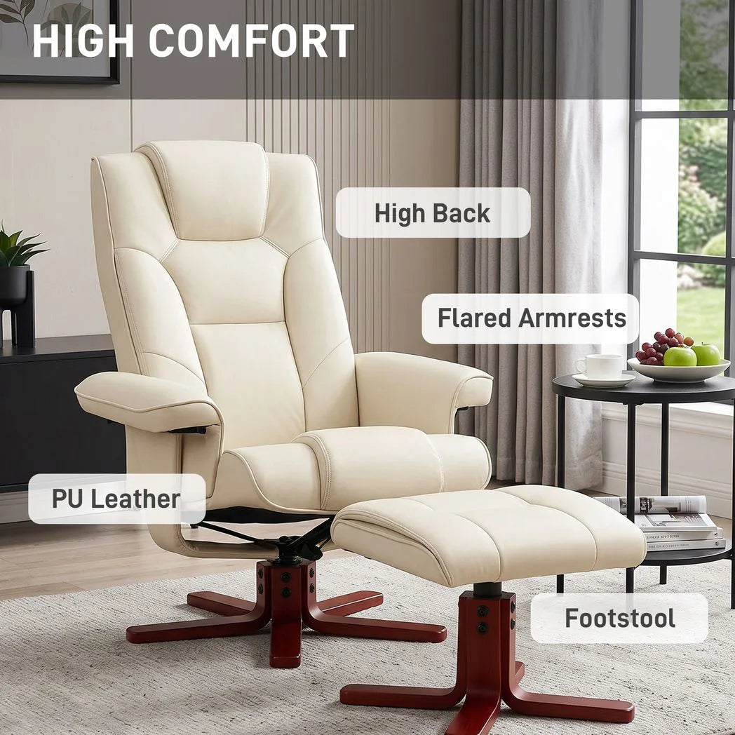 HOMCOM Faux Leather Manual Recliner Armchair and Footstool Set with Rocking Motion – Cream White