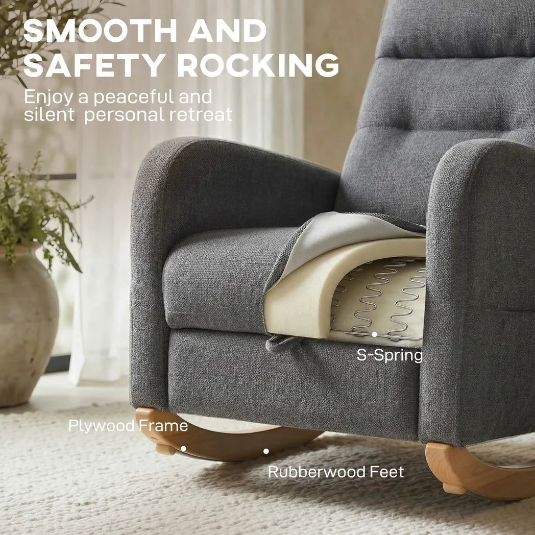 HOMCOM Upholstered Rocking Chair with Retractable Footrest and High Back – Living Room Rocker, Grey