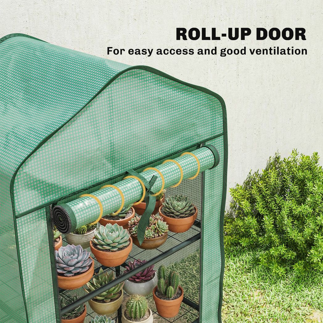 Outsunny Three-Tier Mini Greenhouse with Steel Frame, PE Cover & Roll-Up Door – Portable, Green