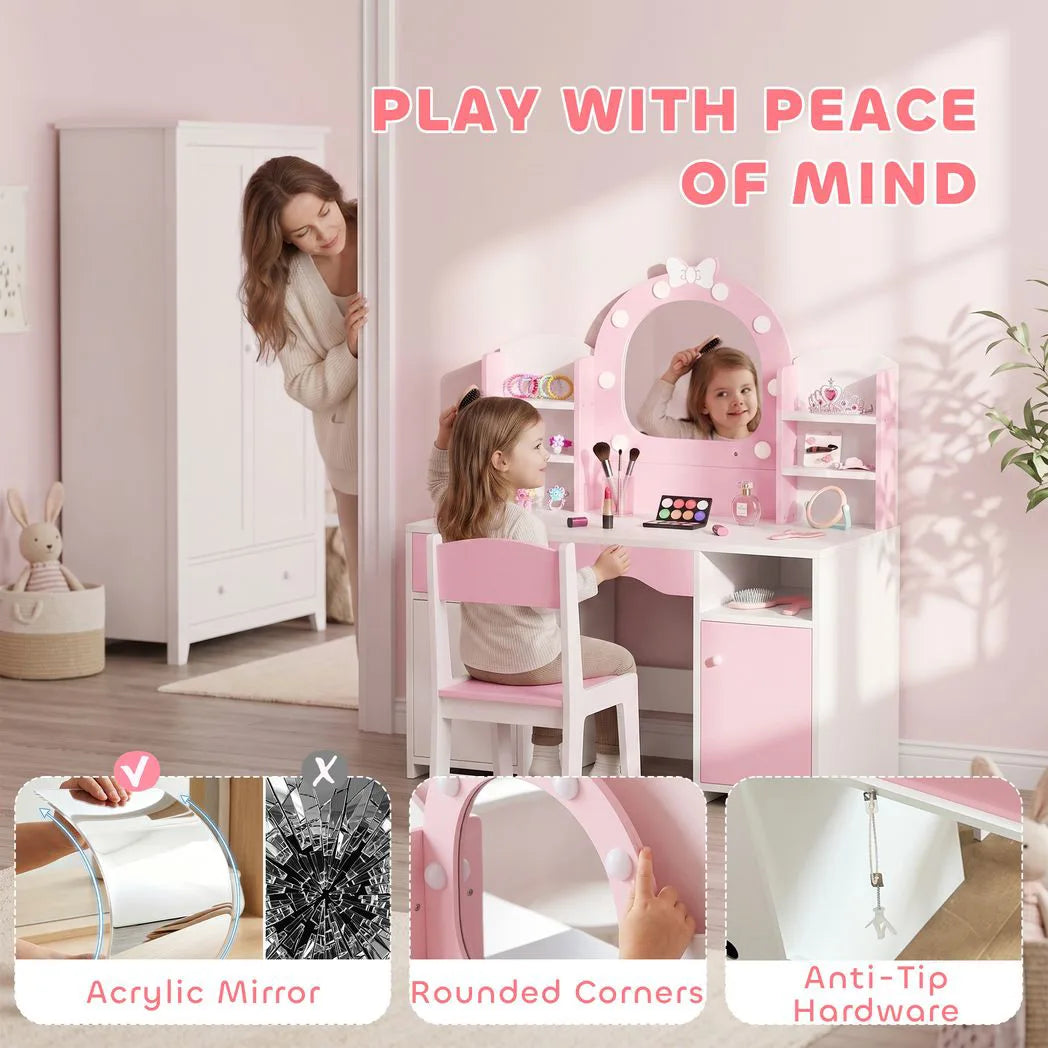 AIYAPLAY Kids Vanity Set with Stool, Dual-Colour Lights Mirror, Cabinets, Drawer & Shelves – Children's Dressing Table, Pink