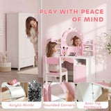 AIYAPLAY Kids Vanity Set with Stool, Dual-Colour Lights Mirror, Cabinets, Drawer & Shelves – Children's Dressing Table, Pink